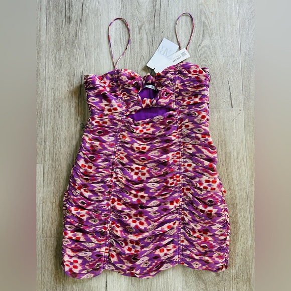 Zara Purple Rouched Patterned Mini Dress NWT - Picture 2 of 6